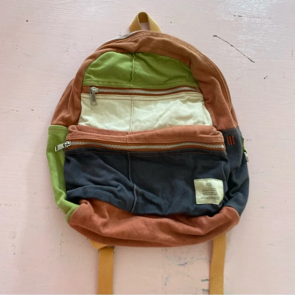 BDG Small Colorblock Backpack Cargo Multi Zipper Neutrals Unique Patchwork